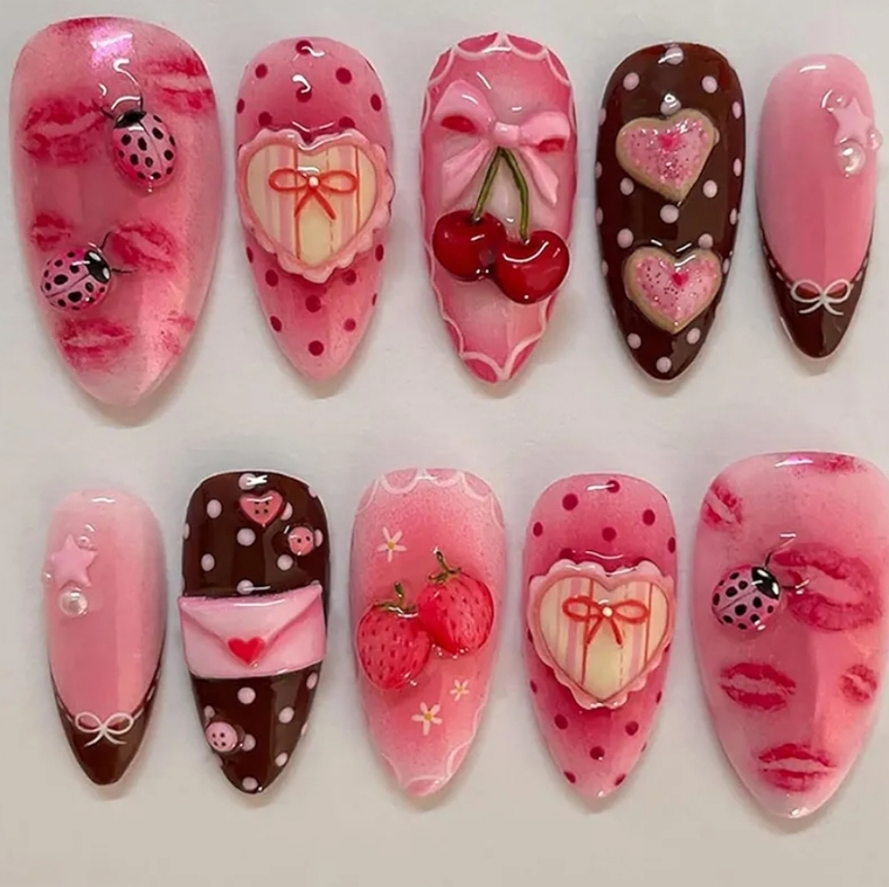 24Pcs Pink Press on Nails Long Almond False Nails Heart Fake Nails Bow Strawberr